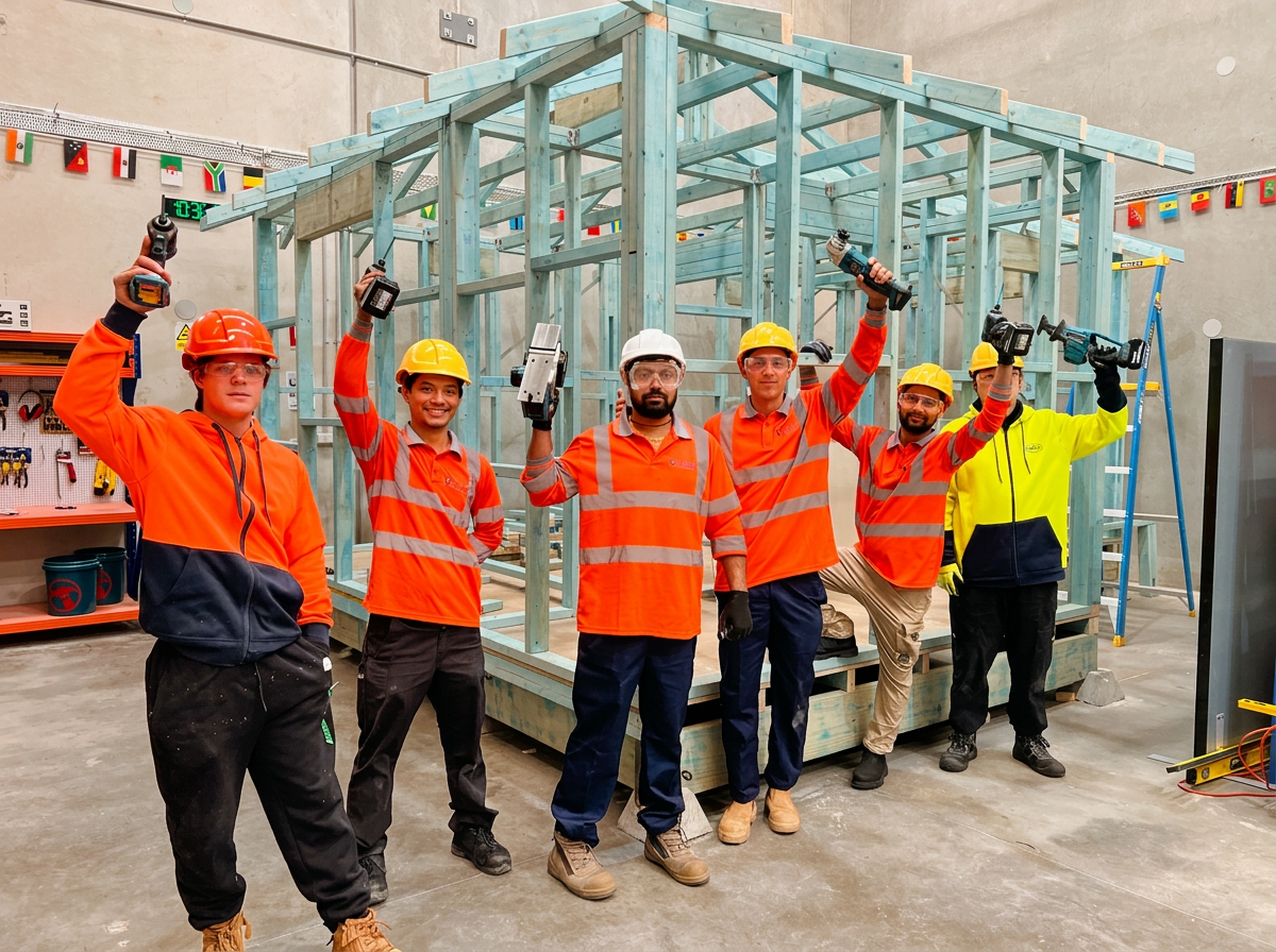 VIITE carpentry and construction students in the training workshop